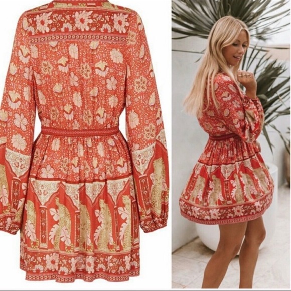 Boho Royal Poinciana Vintage Accent Tiger Bohemian Shift Dress In Cherry Mini - Picture 4 of 8